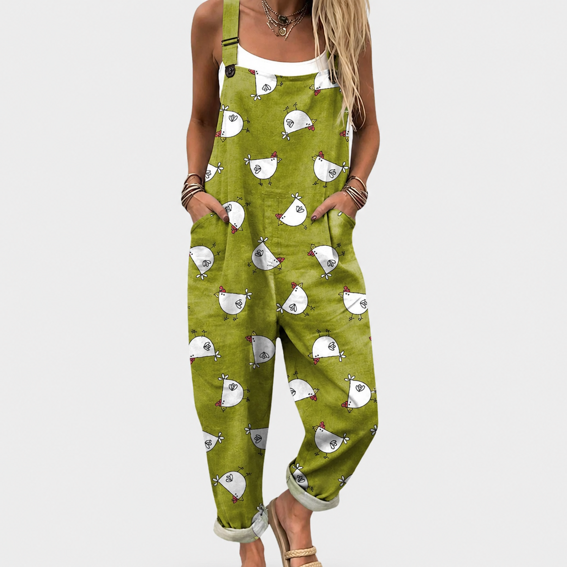Weicher olivgrüner Jumpsuit mit Henne-Muster