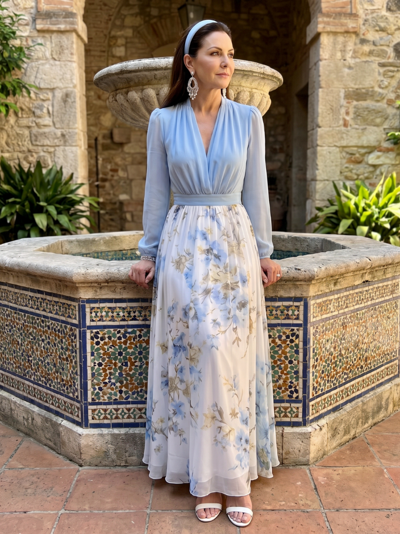Augusta | Maxikleid mit V-Ausschnitt, transparentem Oberteil und Blumenmuster