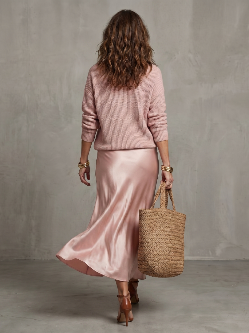 Luciana | Set aus Strickpullover und Satin-Rock im Schrägschnitt
