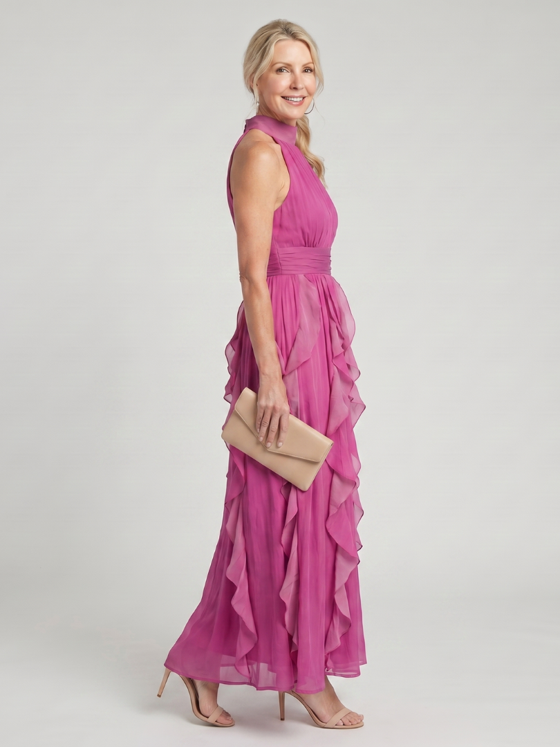 Orea | Maxikleid mit hohem Neckholder-Ausschnitt und gestuftem Volantrock