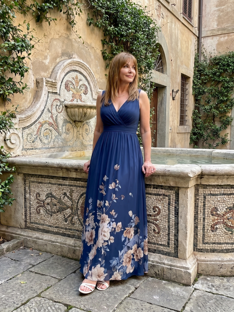 Clarissa | Ärmelloses Midikleid mit V-Ausschnitt und zartem Blumensaum