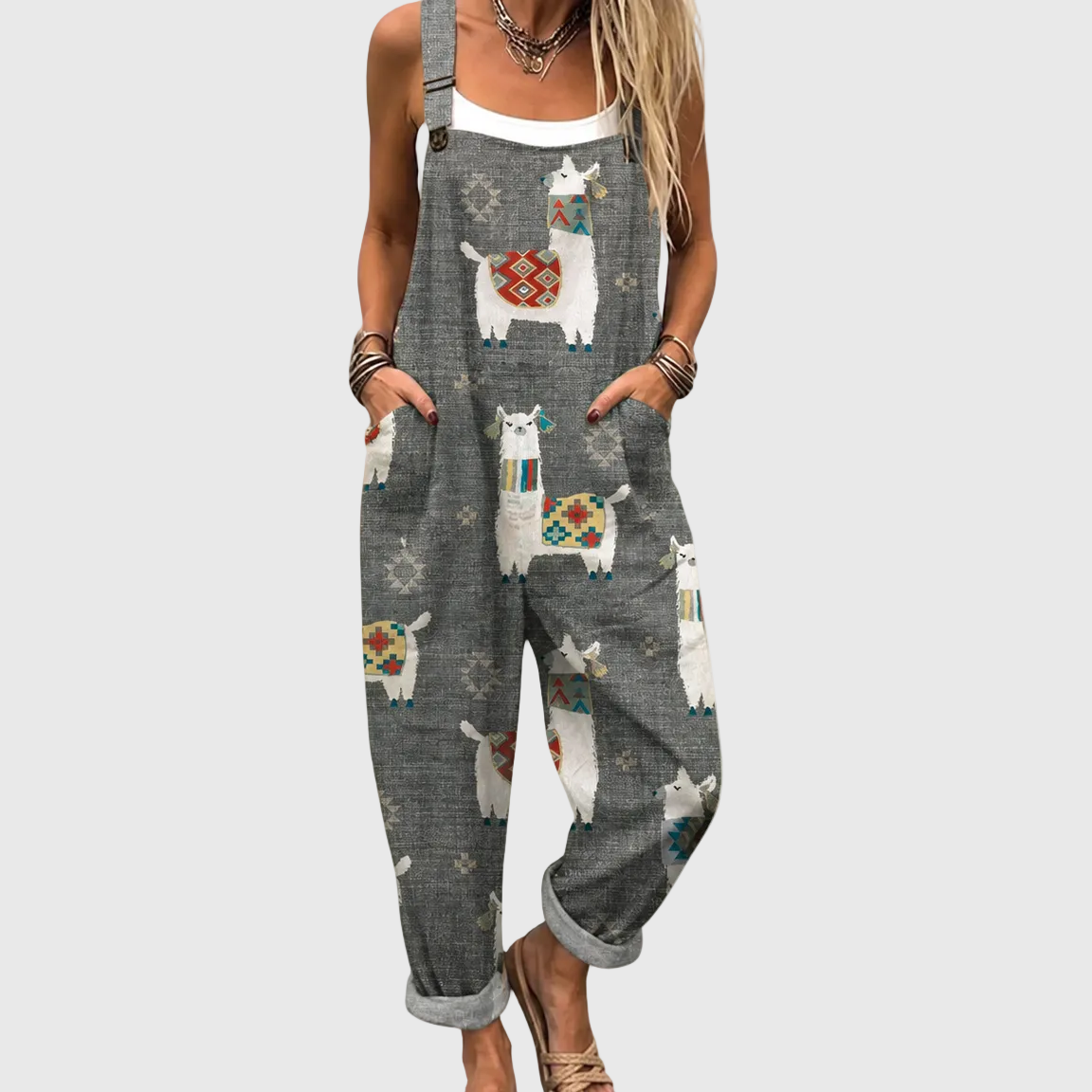 Weicher grauer Jumpsuit mit Lama-Muster