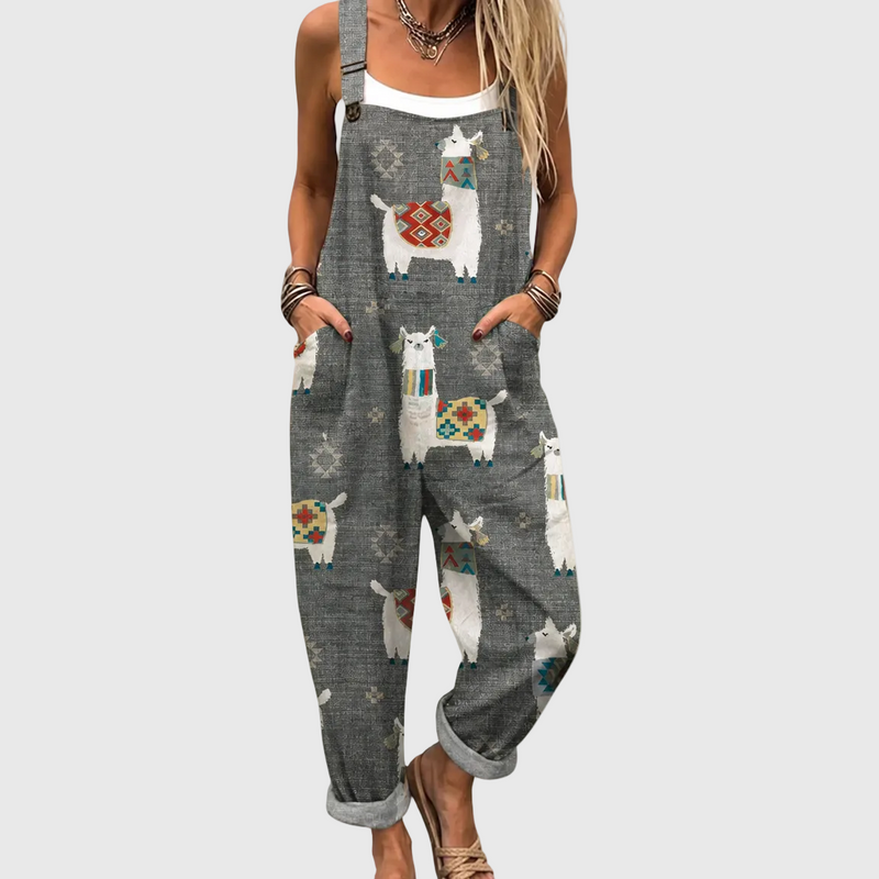 Weicher grauer Jumpsuit mit Lama-Muster