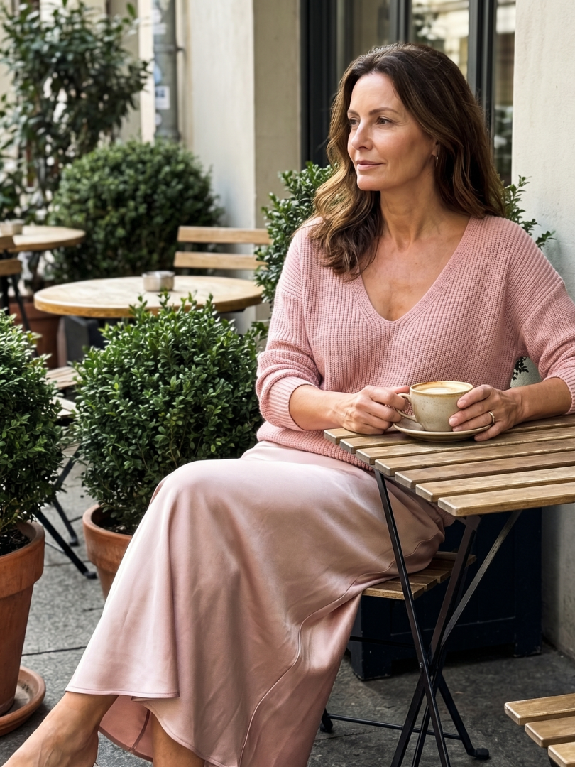 Luciana | Set aus Strickpullover und Satin-Rock im Schrägschnitt