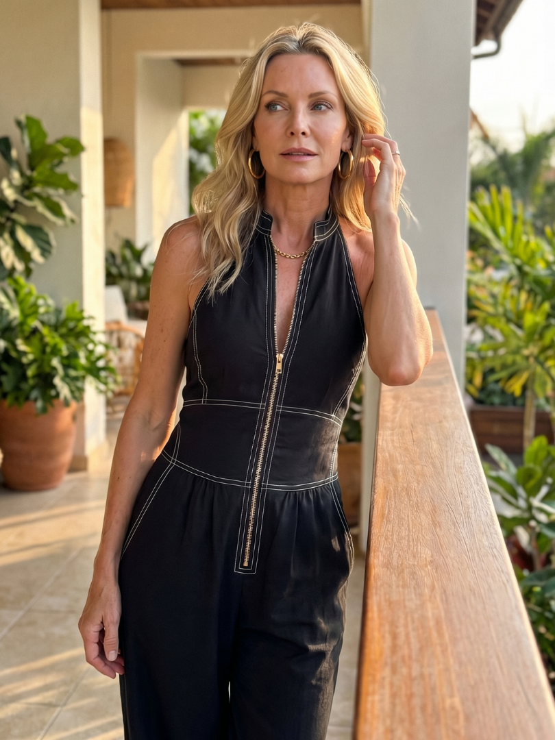 Dara | Jumpsuit mit Reißverschluss und Kontrastnähten, weites Bein