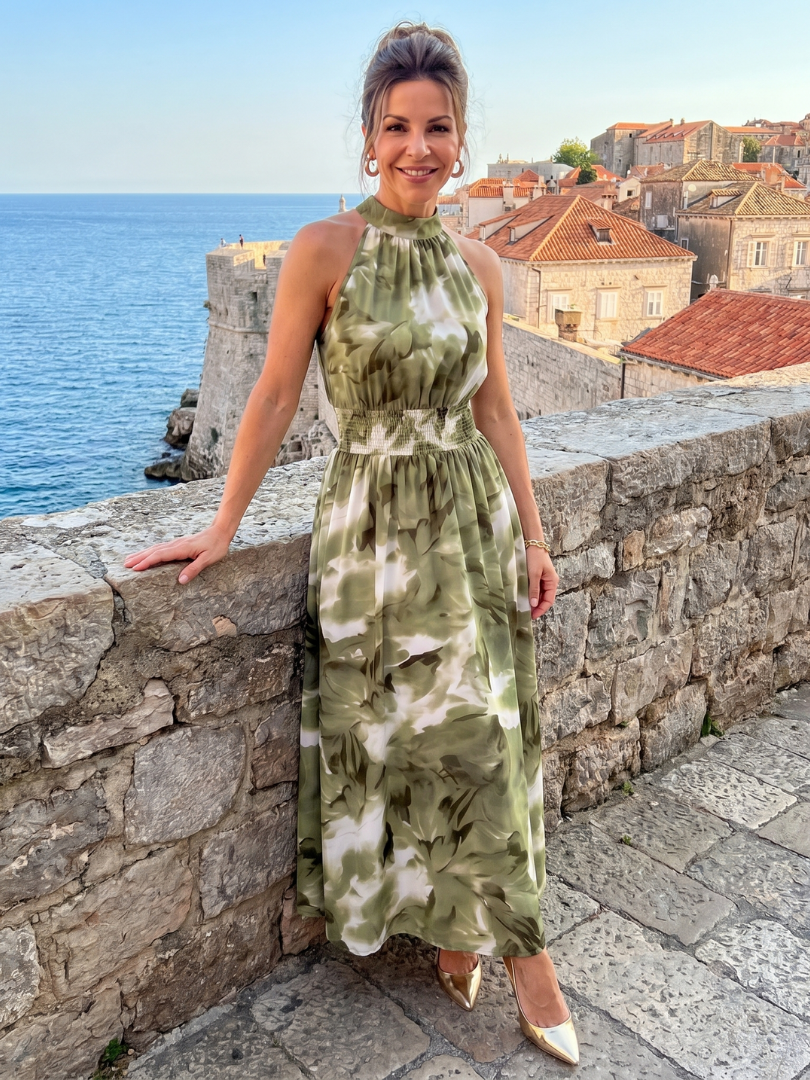 Olivia | Midikleid mit gerafftem Taillenband und abstraktem Print