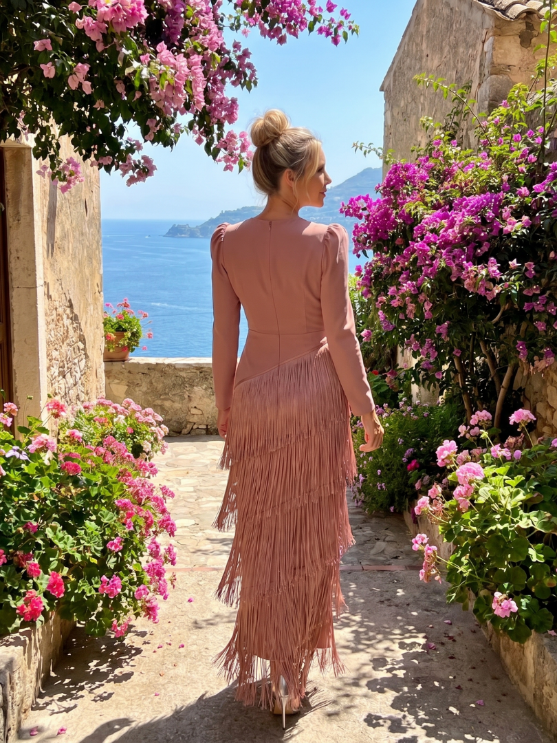 Samara | Langärmliges Midikleid mit weichem Fransenrock