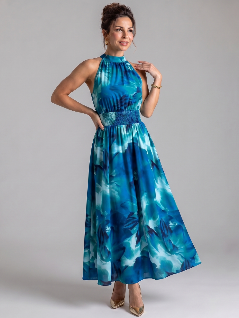 Olivia | Midikleid mit gerafftem Taillenband und abstraktem Print