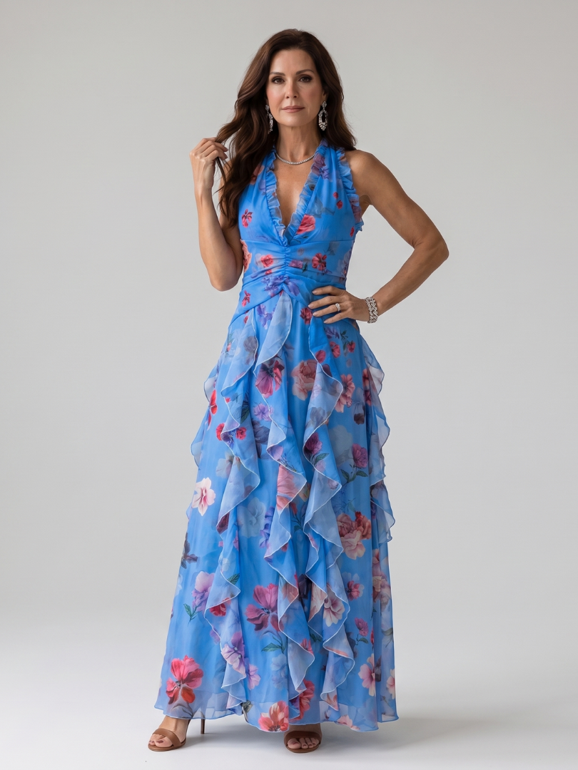 Nori | Maxikleid mit Neckholder, gerafftem Oberteil und Blumenmuster