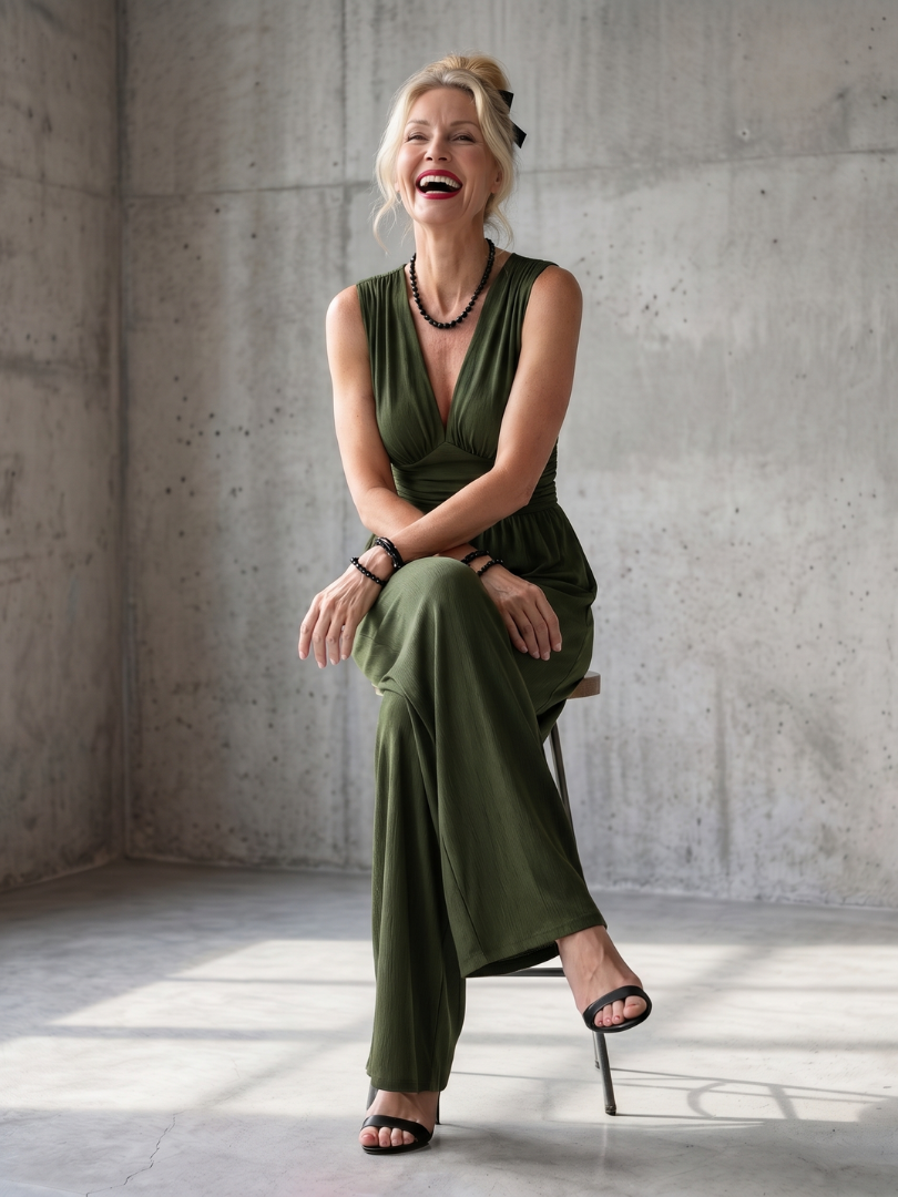 Vincenza | Jumpsuit mit tiefem V-Ausschnitt, betonter Taille und weitem Bein