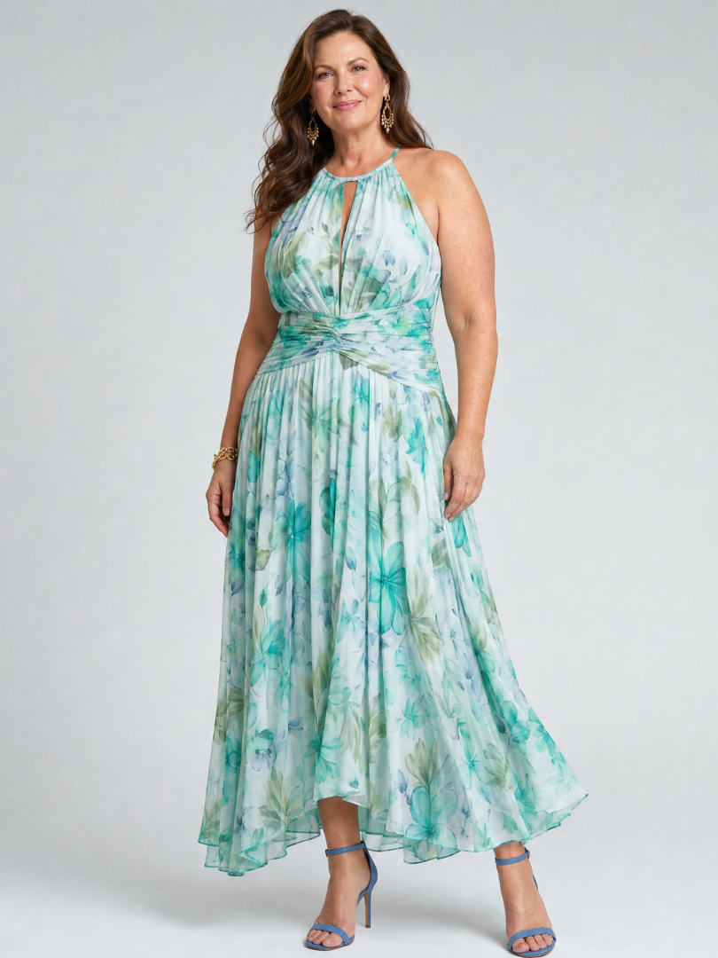 Portia | Plissiertes Midikleid mit Neckholder und zartem Blumenmuster