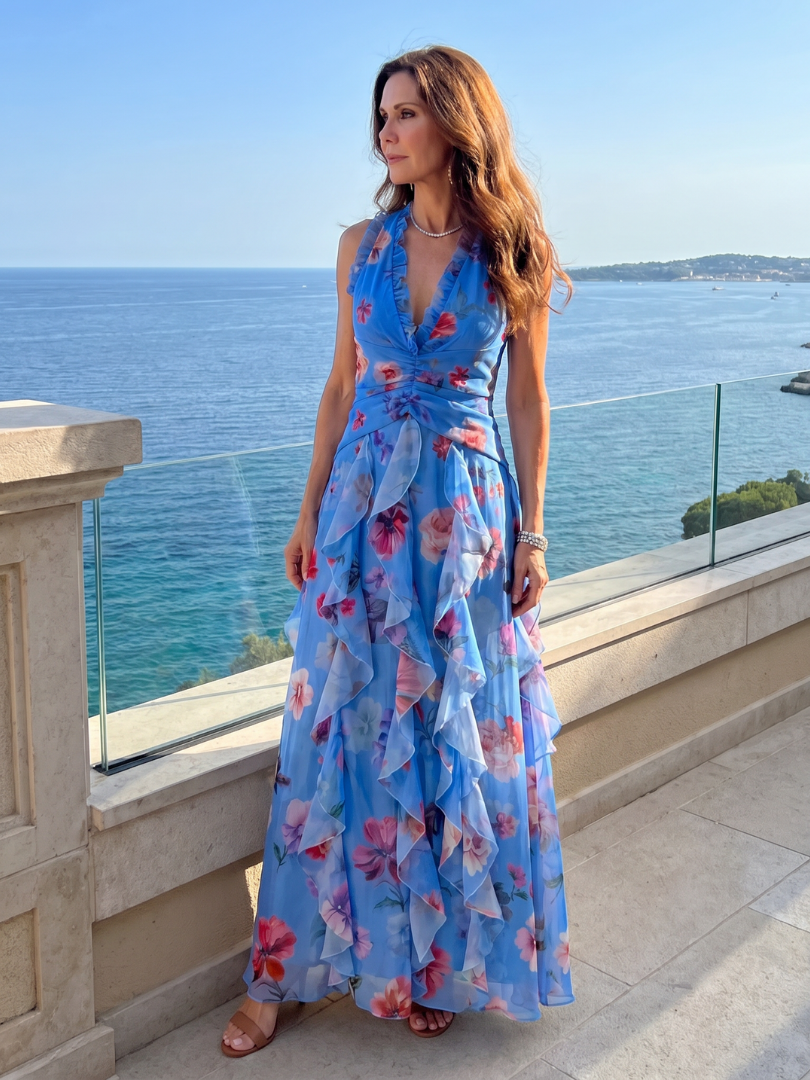 Nori | Maxikleid mit Neckholder, gerafftem Oberteil und Blumenmuster