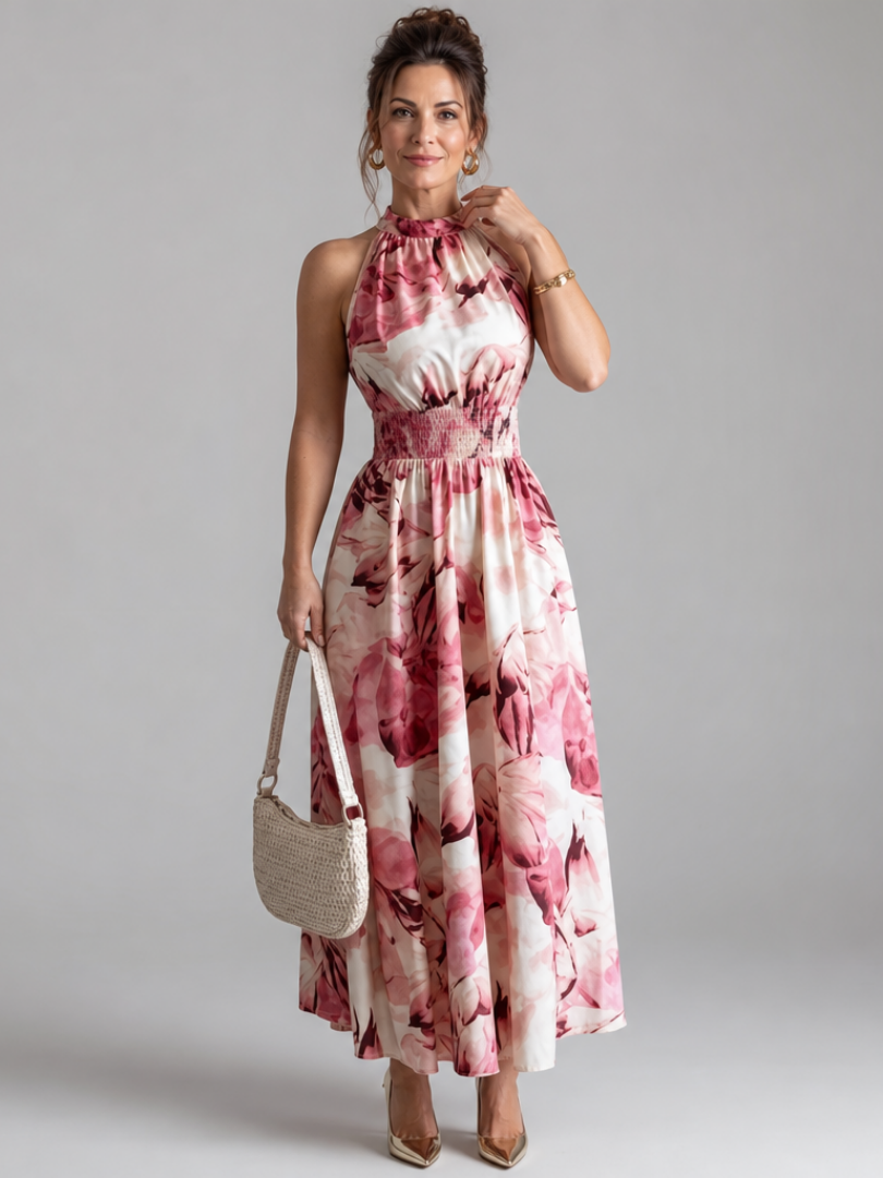 Olivia | Midikleid mit gerafftem Taillenband und abstraktem Print