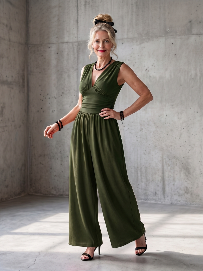 Vincenza | Jumpsuit mit tiefem V-Ausschnitt, betonter Taille und weitem Bein