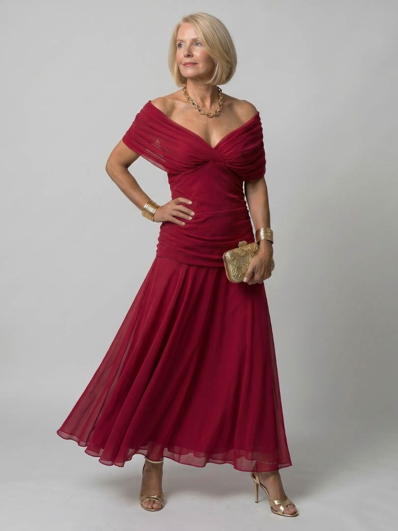Calen | Schulterfreies Midikleid mit fließendem Fall