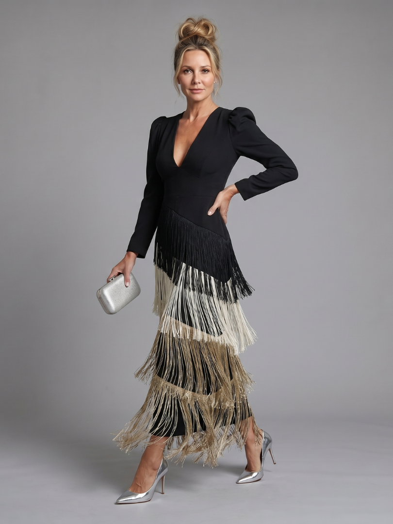 Samara | Langärmliges Midikleid mit weichem Fransenrock