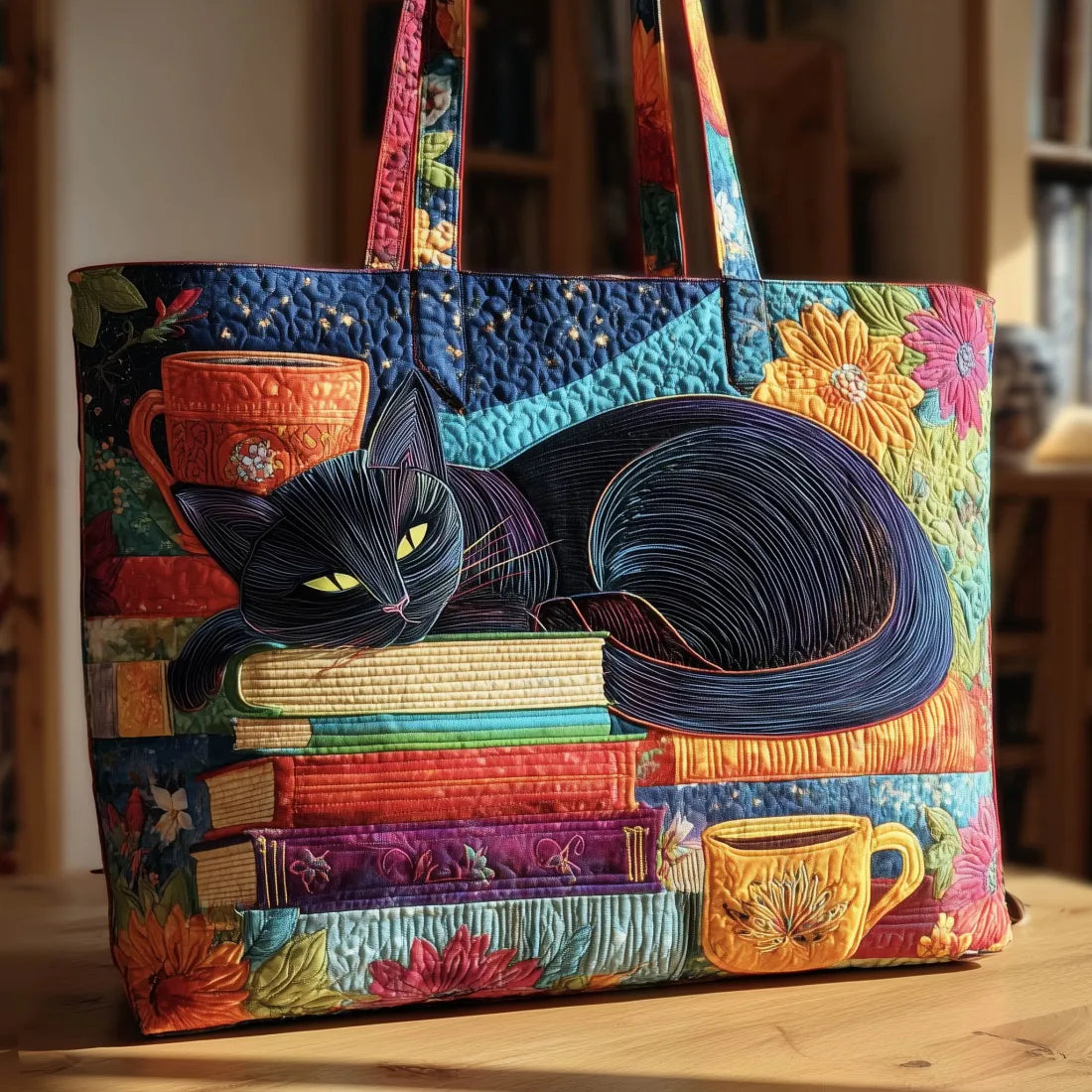 Shopper Schwarze Katze mit Büchern und Tassen – Ansicht 2