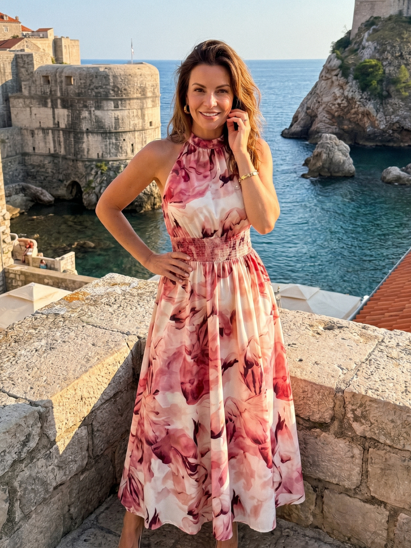 Olivia | Midikleid mit gerafftem Taillenband und abstraktem Print