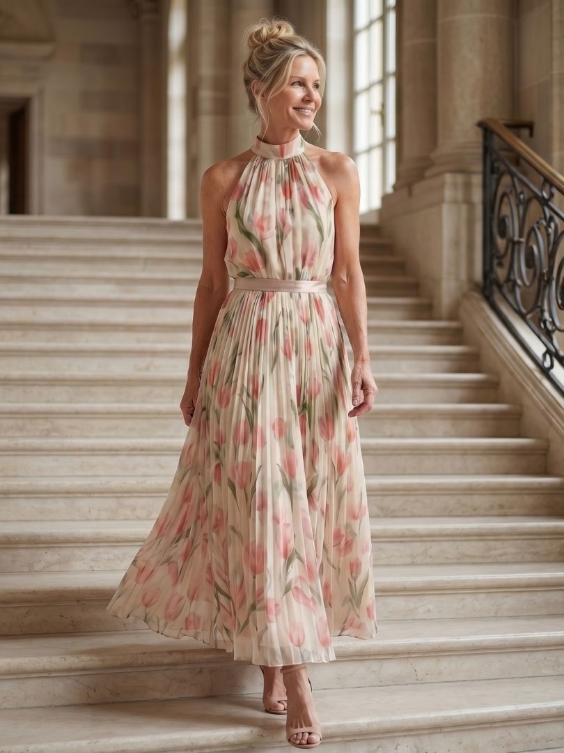 Aurelle | Midikleid mit Neckholder-Ausschnitt und Blumenmuster
