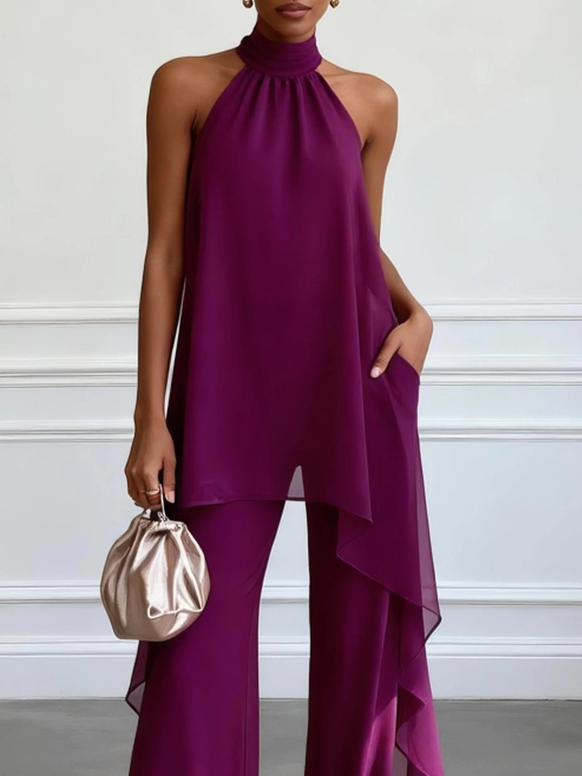 Lila zweiteiliges Set mit elegantem ärmellosem Halterneck-Top und Hose
