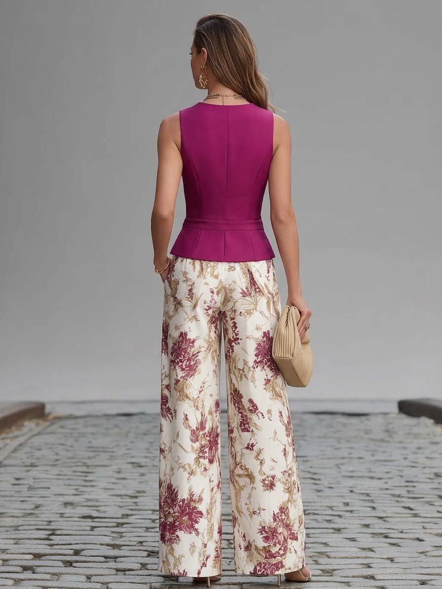 Rosa ärmellose Weste und weite Hose mit Blumenmuster – Set