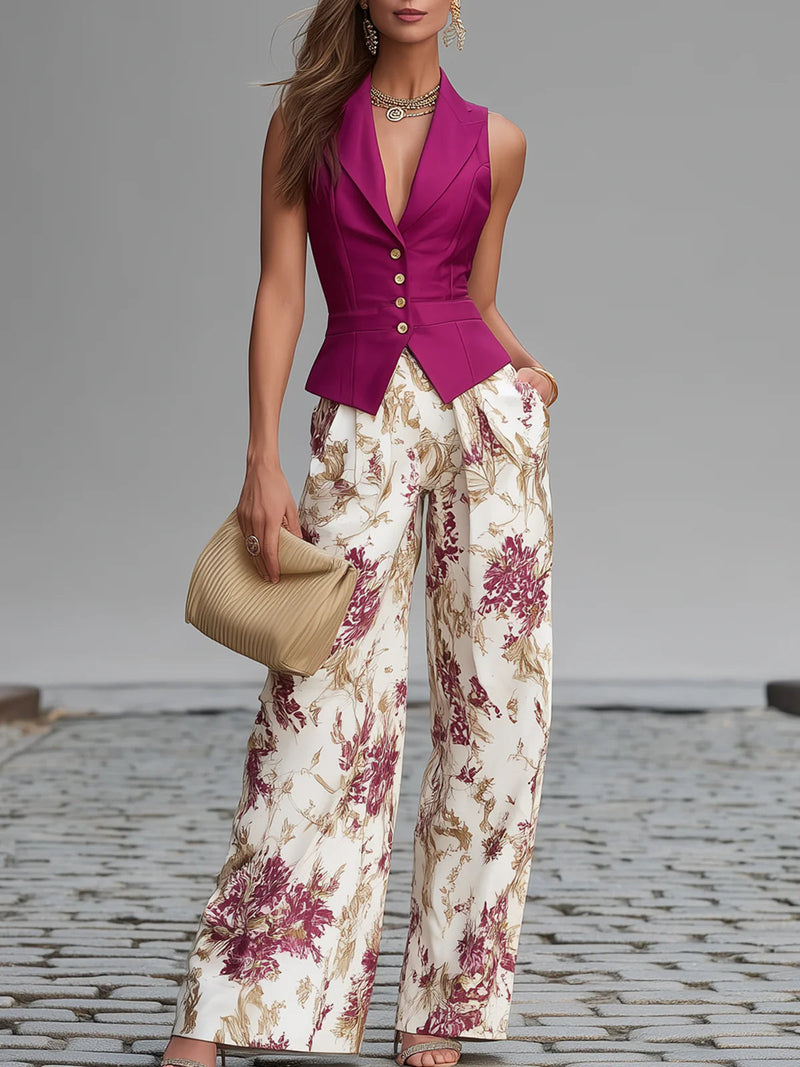 Rosa ärmellose Weste und weite Hose mit Blumenmuster – Set
