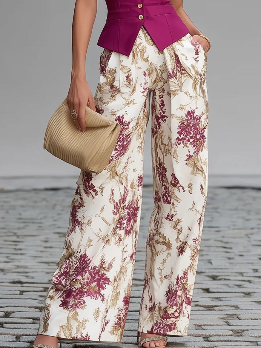 Rosa ärmellose Weste und weite Hose mit Blumenmuster – Set