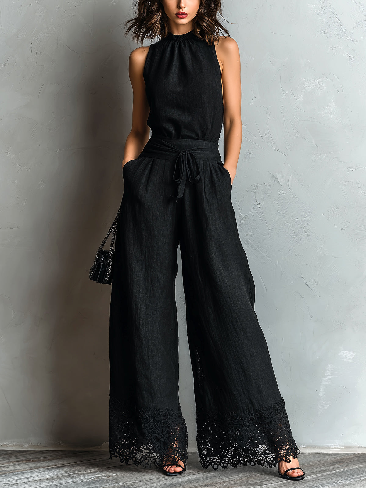 Avery | Set aus Neckholder-Top in Baumwoll-Leinen-Optik und weiter Hose