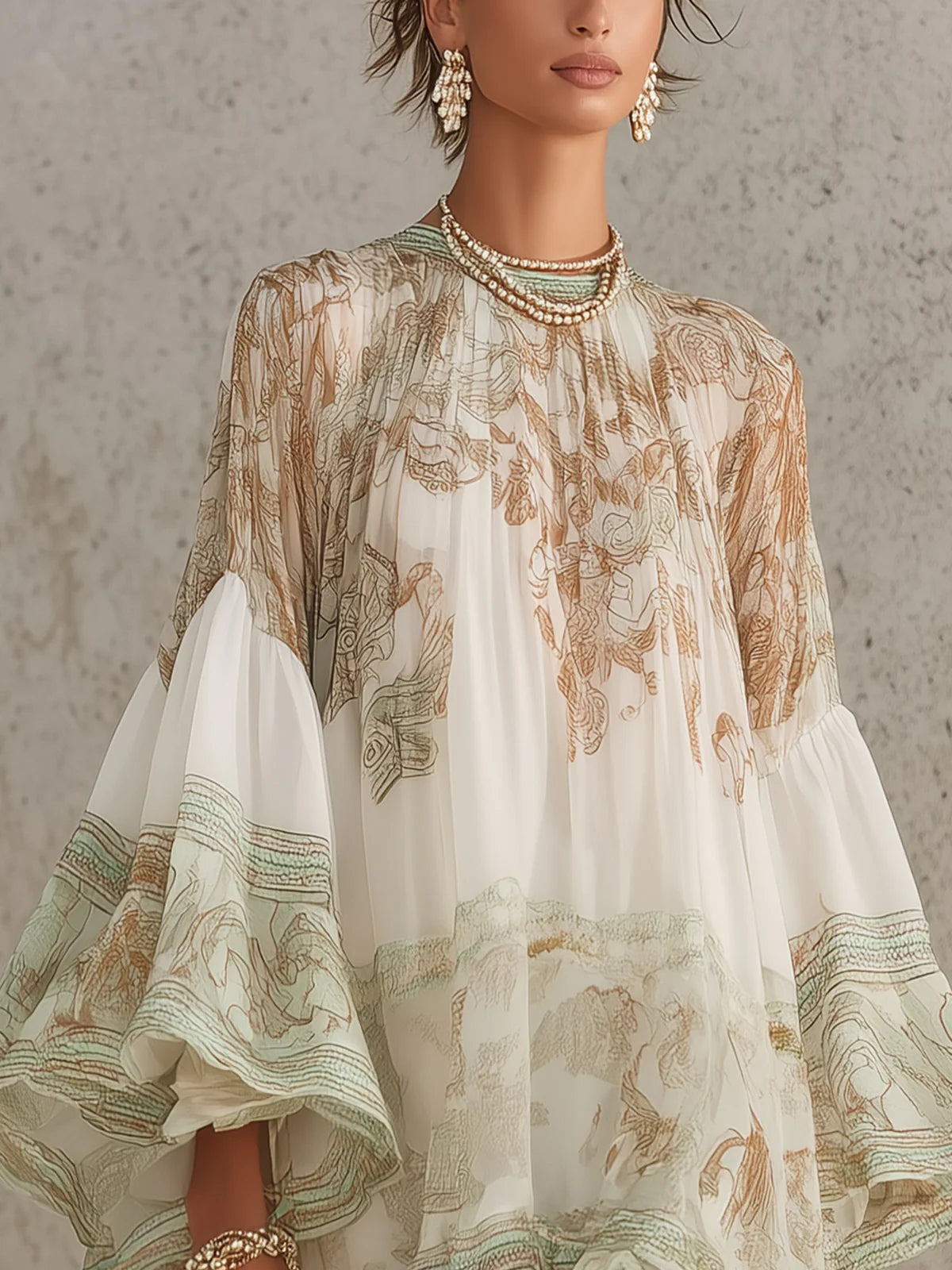 Grün gemustertes Chiffon-Minikleid mit Volantärmeln und Volantsaum