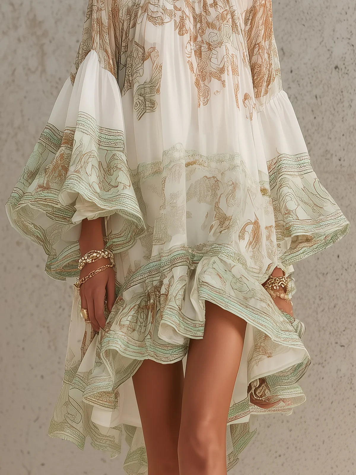Grün gemustertes Chiffon-Minikleid mit Volantärmeln und Volantsaum