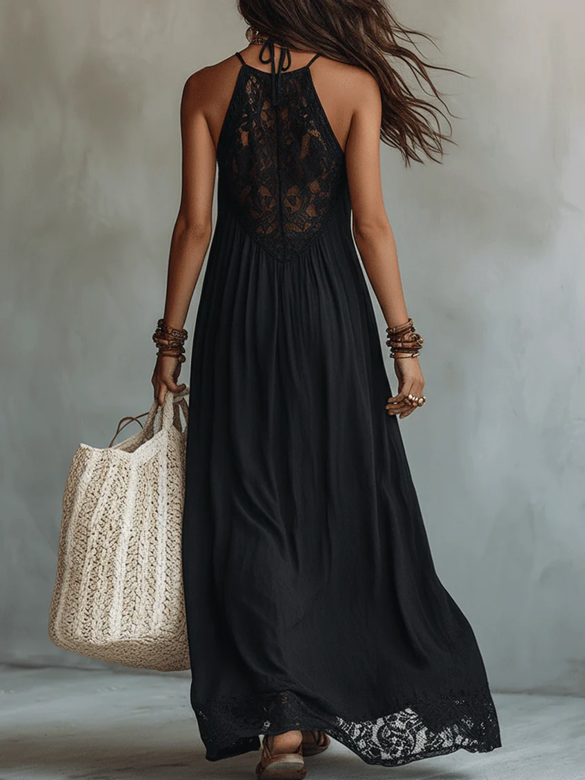 Boho-schwarzes ärmelloses Maxikleid mit Spitzendetails