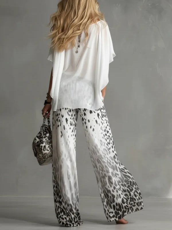 Monica | Set mit U-Boot-Ausschnitt-Shirt und Chiffonhose in Ombré-Leopardenmuster