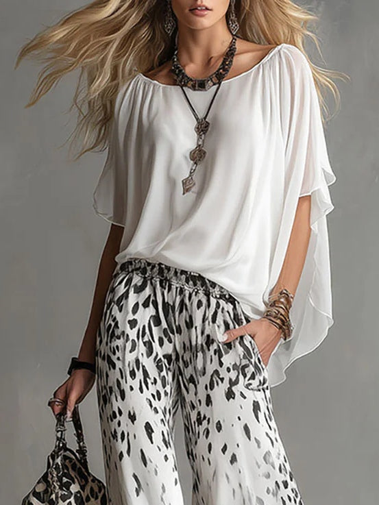 Monica | Set mit U-Boot-Ausschnitt-Shirt und Chiffonhose in Ombré-Leopardenmuster