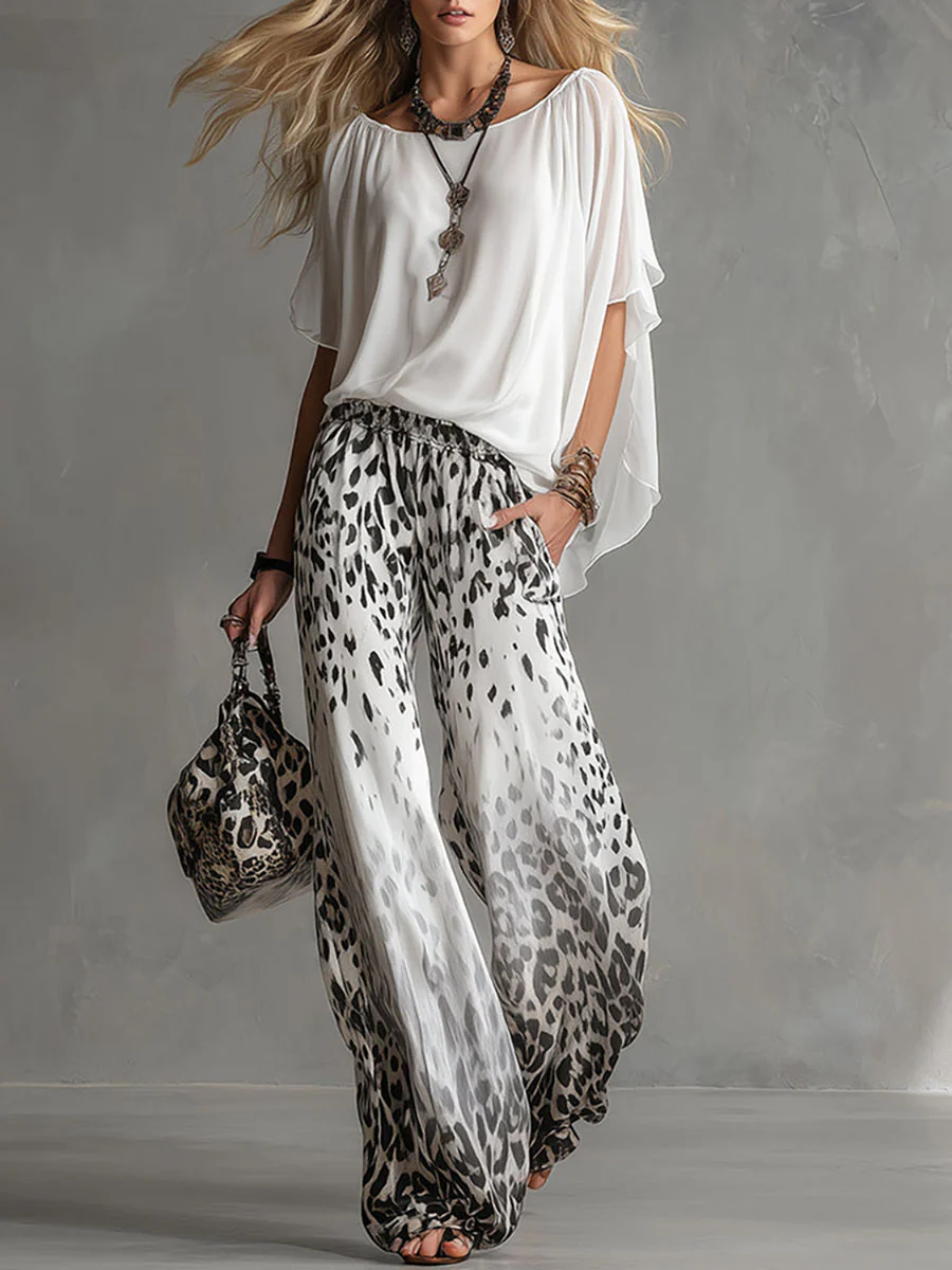 Monica | Set mit U-Boot-Ausschnitt-Shirt und Chiffonhose in Ombré-Leopardenmuster