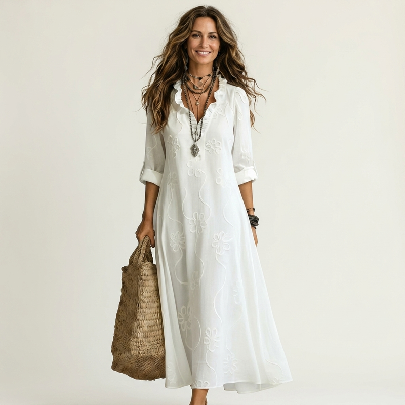 Mariam bomulls-linne maxiklänning med broderi – vy 11