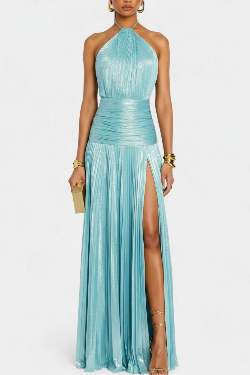 Emma | Metallic-Neckholderkleid mit offenem Rücken und hohem Schlitz