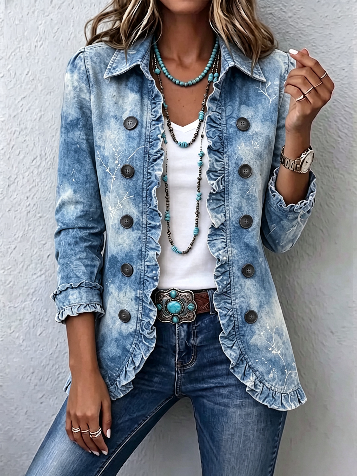 Ginevra Boho-Jacke Botanik Vintage Blau