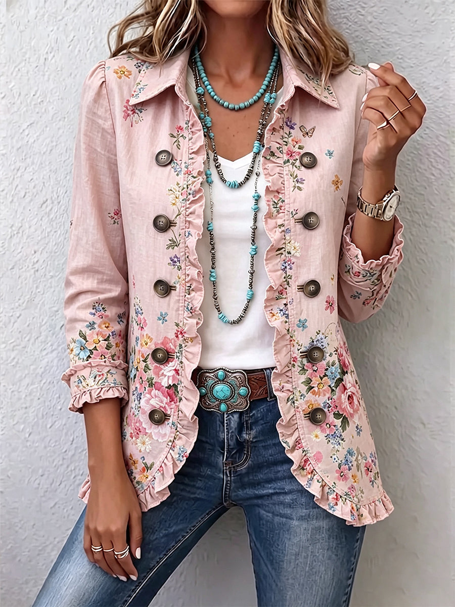 Martina Jacke mit Blumen-Druck Rosa und Knöpfen