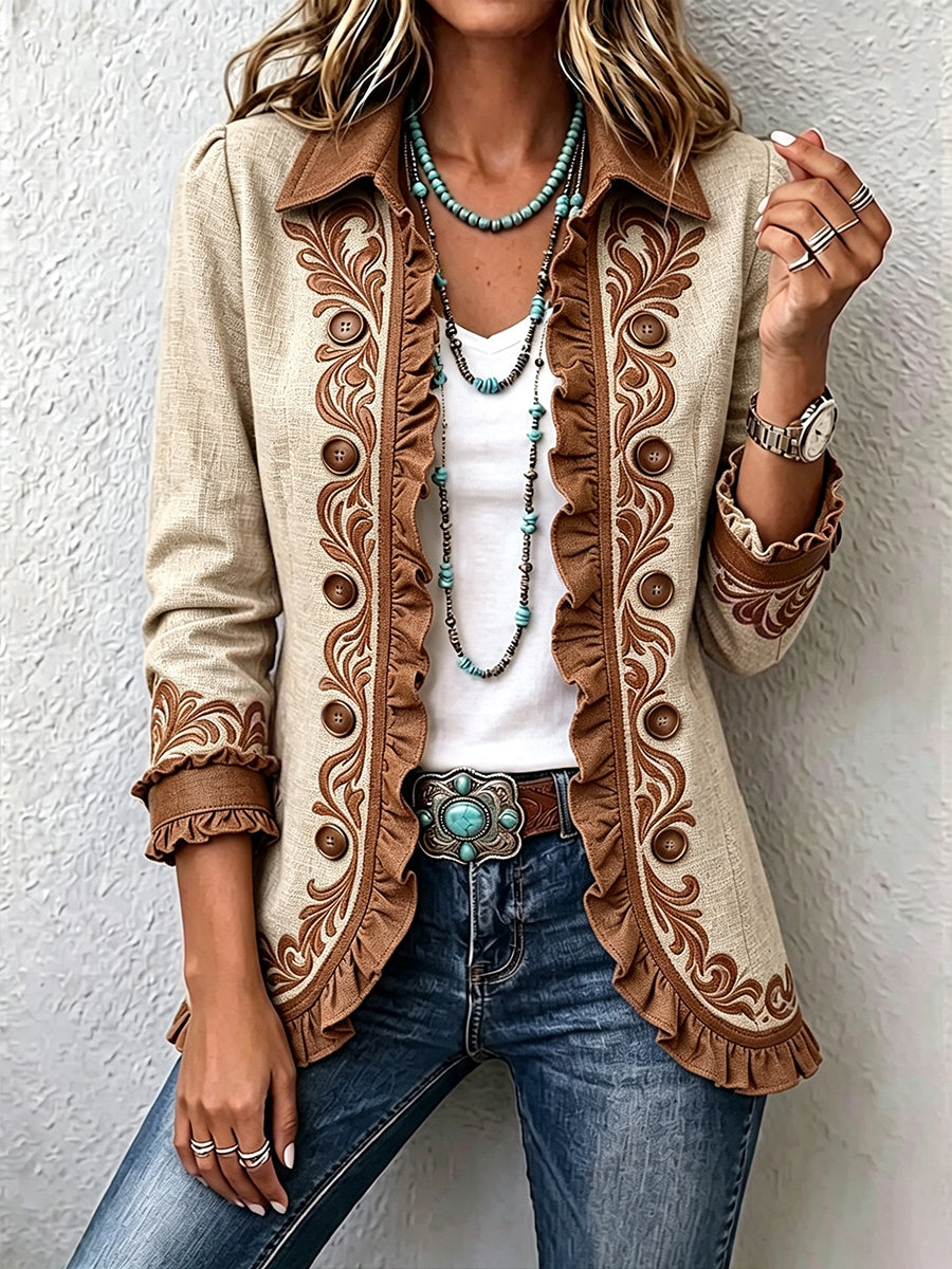 Ottilia Boho-Jacke Blumen Vintage Camel-Braun