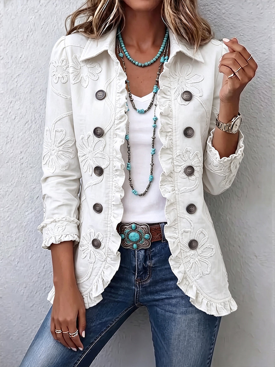 Camelia Boho-Jacke mit Blumen-Druck Elfenbein